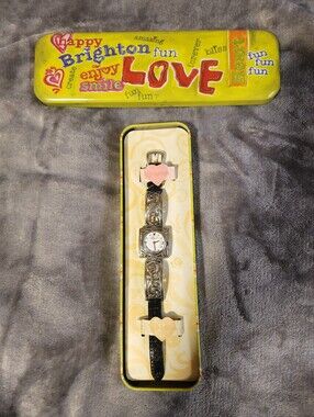 Brighton Silver Filigree Watch with Black Strap and Yellow LOVE Tin